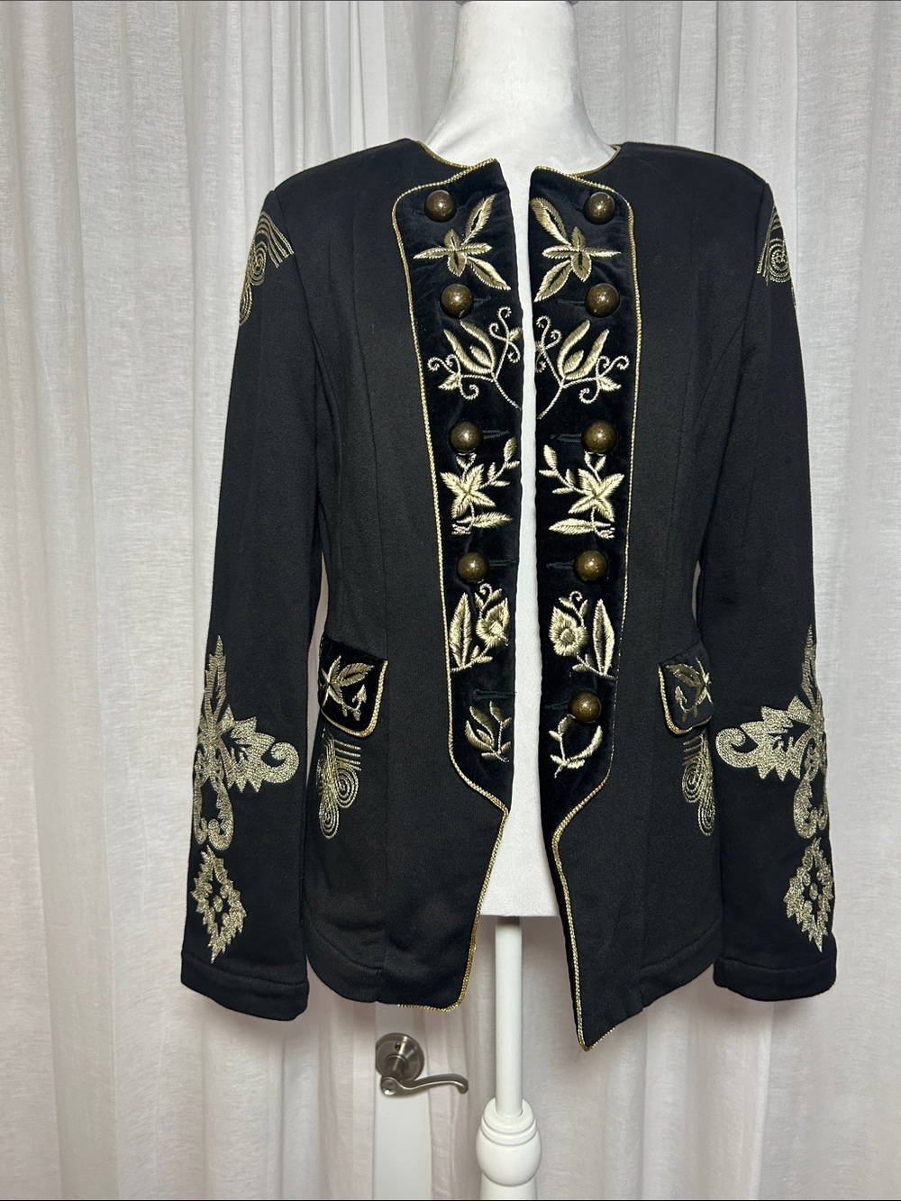 Vintage Tasha Polizzi Black & Gold Embroidered Western Military Blazer Jacket